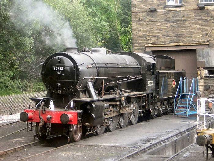Repatriated from Sweden and overhauled, given a BR number in sequence, 90733 at Haworth shed on the Keighley & Worth Valley Railway (K&WVR) in 2007