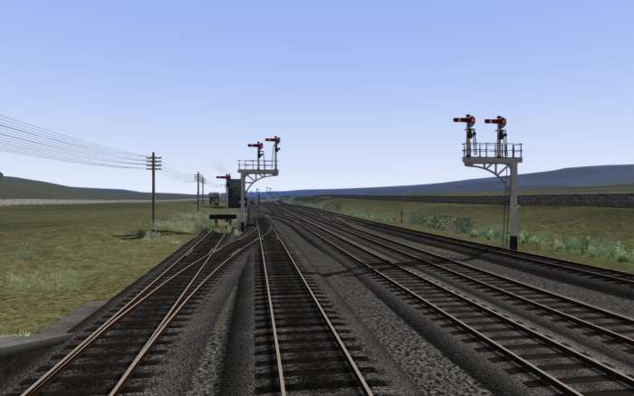 Bracket signals on a virtual reality display, 'Stainmore Route Project', recreating the route from Barnard Castle over the Pennines to Tebay. Stainmore Common was the highest point on Britain's railways