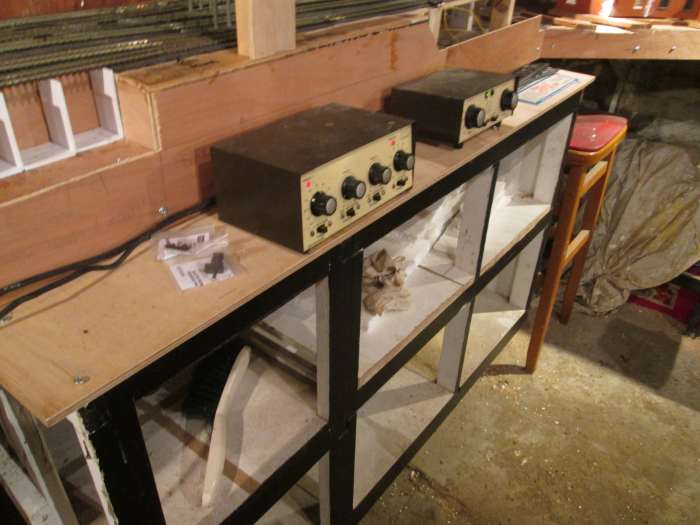 Both controllers near the middle of the layout. The single output controller is for the coal depot, the dual controller will be linked to the main running lines. The single failed and has been taken 'out of service'. Over twenty years old, poor thing