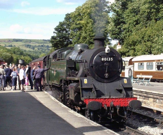 Preserved BR Standard 4 MT 60135 at Grosmont on the NYMR late June, 2004. She was transferred to Whitby (50G) after service at Crewe late in B R steam days, avoiding the cutter's torch