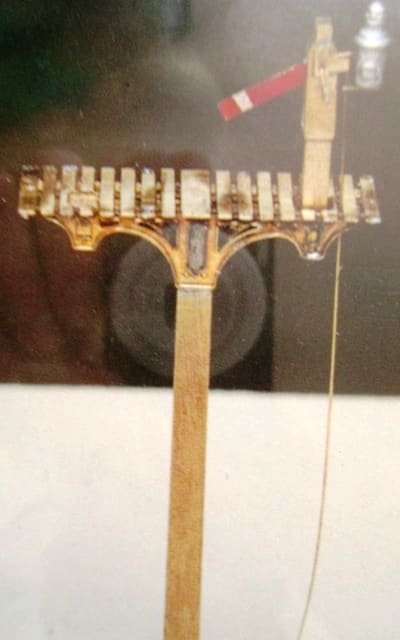 The beginnings of an NER lower quadrant 'double doll' post with attached brass wire (leads to signal control via post brackets and ground posts with cranks