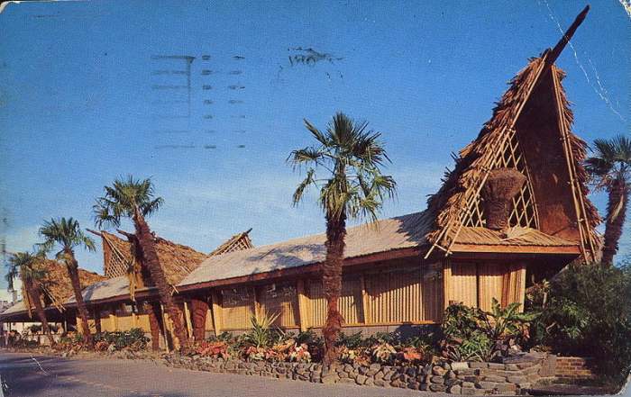 Similar in construction to the Kahiki Supper Club, this is a postcard of the Bali Ha'i Restaurant in the 1950s (public domain). The Kahiki appears in the video below.