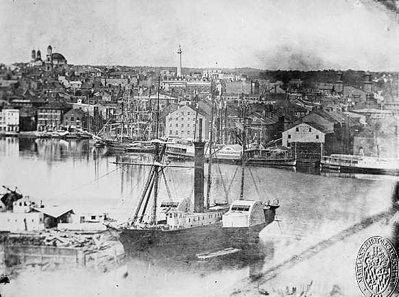 A steamship at Federal Hill in 1849. The Basilica and Washington monument are in the background.