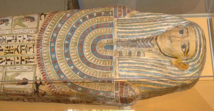 Egyptian Mummies - This is a Photograph of a Mummy Coffin (Sarcophagus) Found in the San Diego Museum. It dates from between 650 B.C to 330 B.C. The coffin belonged to a woman despite the beard painted onto the image of the deceased.