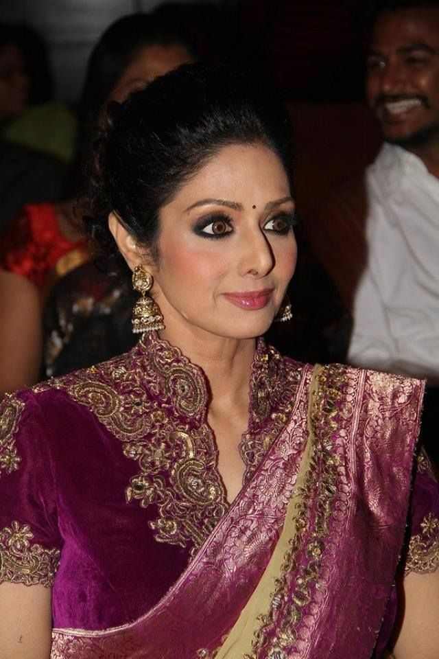 Sridevi in Purple regal saree blouse with high neck style and gold embroidery around the neck and sleeves