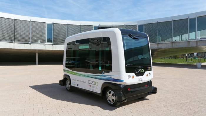 An EZ-10 Autonomous Shuttle of Ligier Group, France. A new type of driverless shuttle vehicle has been developed thanks to innovative computer vision guidance technology that enables the vehicle to locate itself on a roadway reliably & inexpensively.