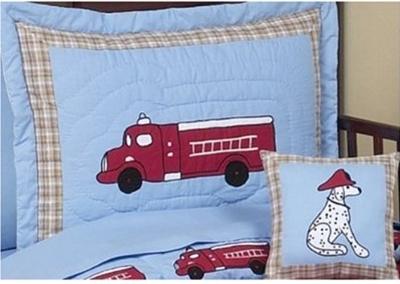 This great fire truck bedding set includes a toddler comforter quilt measuring 48 x 60, one standard pillow sham 20 x 26, one standard pillowcase, one flat sheet and one fitted sheet. Beautiful appliques. (Use link below to go to product page).
