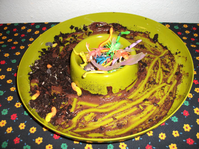 Chocolate pudding and crumbled cookies with some toy bugs for effect. So good, everyone gobbled it up.