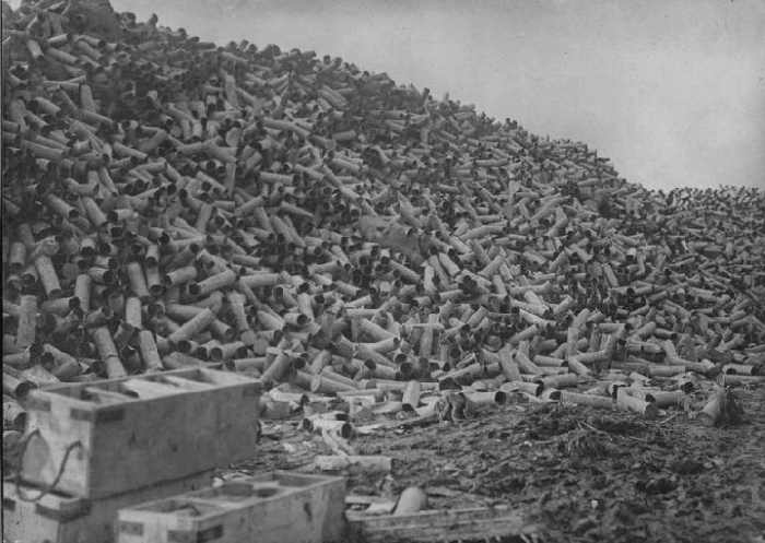 One week of shelling created this pile of shell cases. If the average artillery shell took one life, then how many lives were taken here?
