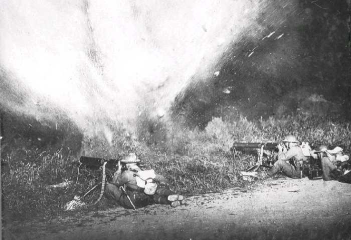Anzac machine gunners repel a German charge. Constant bombardment from the big guns on both sides, shattered ear drums, confidence and spirits. The generals avoided such things at all expense! What did they know?