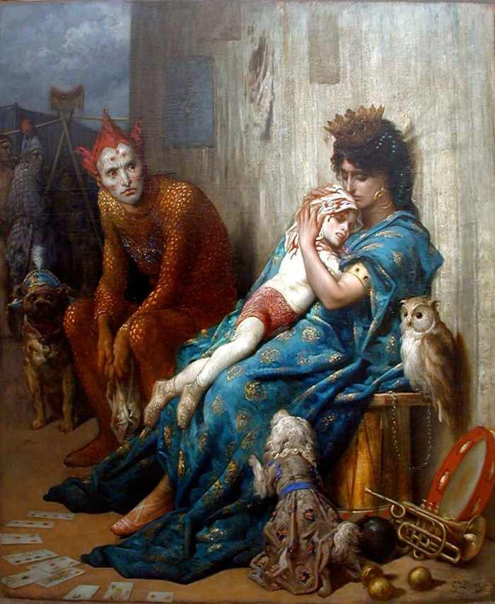 "LES SALTIMBANQUES" (ACROBATIC, TUMBLER, ENTERTAINERS) ALSO KNOWN AS "INJURED CHILD" BY GUSTAVE DORE, 1874