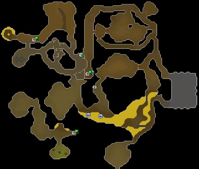 Taverly Dungeon - You start at the green arrow in the center. The exit ladder is the green arrow to the northwest.