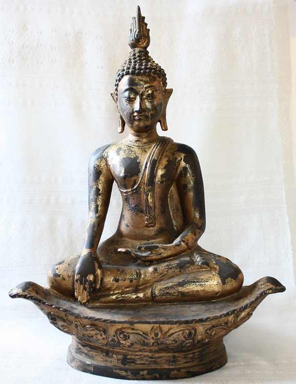 Sukhothai Style Bronze Buddha 24ct Gold Gild, Thailand, Bhumisparsa Mudra - the Buddha touches the ground to bear witness to his full liberation from delusion
