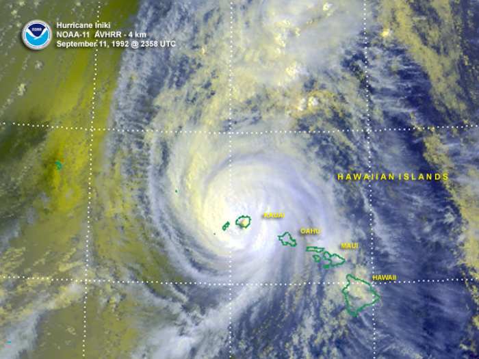 Hurricane Iniki was the most powerful hurricane to strike Hawaii, in recorded history. Most damage was on the island of Kauai.