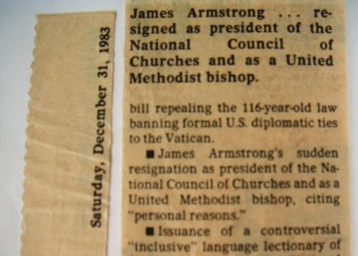 James Armstrong . . . resigned as president of the National Council of Churches and as a United Methodist Bishop, Dec. 31, 1983