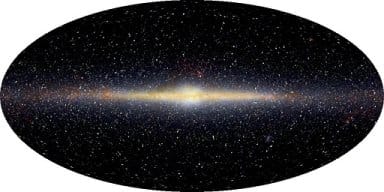 This is an edge on view of the Milky way. Our sun and solar system is located on the left side of the center, approximately three-quarters of the way out.