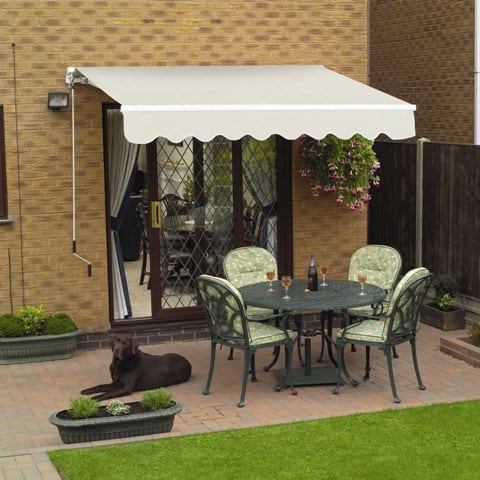 A patio awning, with a polyester cover