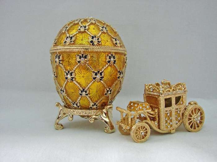 Imperial Coronation (1897). by Emperor Nicholas II presented this egg to his wife, Empress Alexandra Feodorovna, as a memento of her arrival in Moscow on the day of their Coronation.