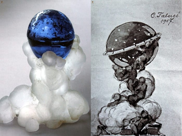 Constellation Egg (1917) Note: This egg was never completed because of the Russian Revolution. The unfinished piece is on the left, and Faberge's original drawing of the planned piece is on the right.