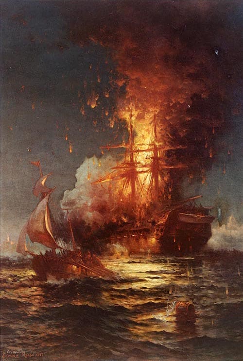 The burning frigate Philadelphia in the harbor of Tripoli, February 16, 1804, by Edward Moran, painted 1897.