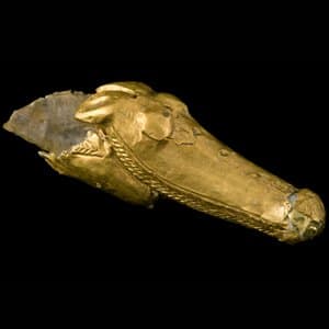 A portion of a gold animal with elongated head, rounded snout, bulging eyes, and ears drawn back is comprised of two gold foils. The animal figurine is three dimensional and may be anthropomorphic form Mapungubwe