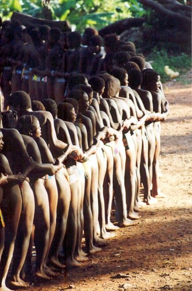 Clothed only in a small beaded apron, young Venda girls hold each other's arms and move forward around drums ad a fire. During the "Domba" dance they perform "Losha", a traditional Venda greeting, before their King