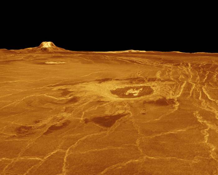 The surface of Venus, taken at an altitude of several kilometres using radar imaging and false colour. One of the Magellan probe's many revealing studies of the surface