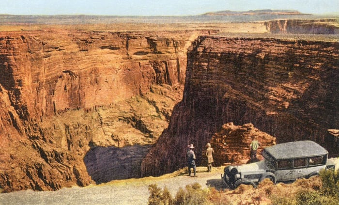 Fred Harvey Tour Car and Tourists at the Little Colorado River Gorge Grand Canyon Arizona