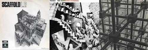 Three other albums have used Escher's art. From left: Scaffold's L.P. (1969), The Mandrake Memorial's Puzzle (1970) and the compilation Endless Journey: Phase Two (1983) which perhaps made the best use of the artwork with no writing on the cover.