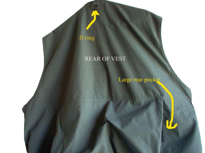Items that can be folded and flatten such as an emergency blanket and plastic rain poncho should go in the rear pocket of your survival vest