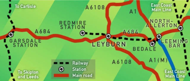 The dotted line represents the route of the Wensleydale Railway between Leeming Bar and Redmire. The plans are to extend permanently east to Northallerton and west to Aysgarth(2.5 miles further)