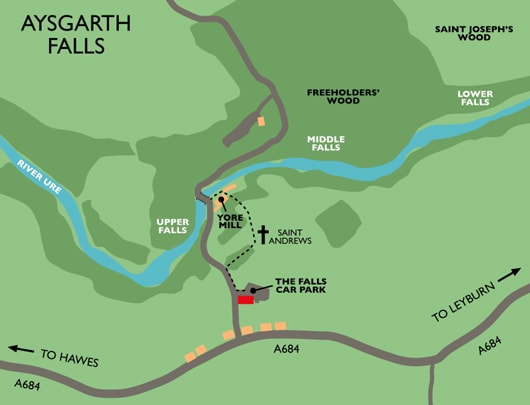 Map of Aysgarth and the three sets of falls, Upper, Middle and Lower on the River Ure