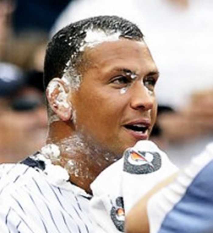 On May 26, 2009, Yankees Alex Rodriguez hit a walk off homer in the 11th inning today to defeat the Minnesota Twins. He got pied by teammate A.J. Burnett.