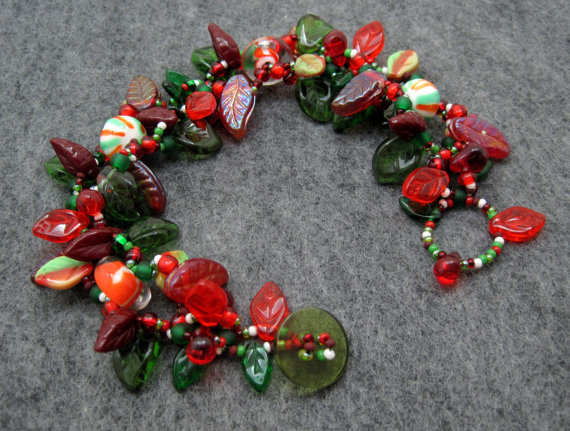 I love mixing different sized leaf beads with Czech glass rounds to create themed leafy bracelets, such as Christmas, fall, and winter.