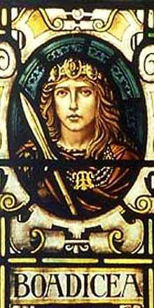 Stained glass window depicting Boudicca at the Colchester town hall in England.