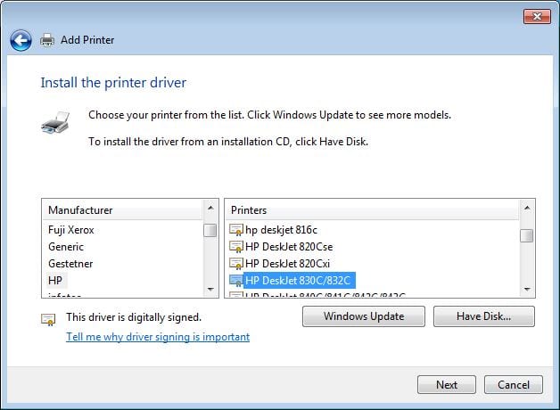 After Windows Update Does its thing, select the HP Deskjet 830c/832c from the HP category.