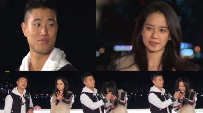 A screencap of Running Man's 18th Episode where Song Ji Hyo chose Kang Gary over other men on the show.