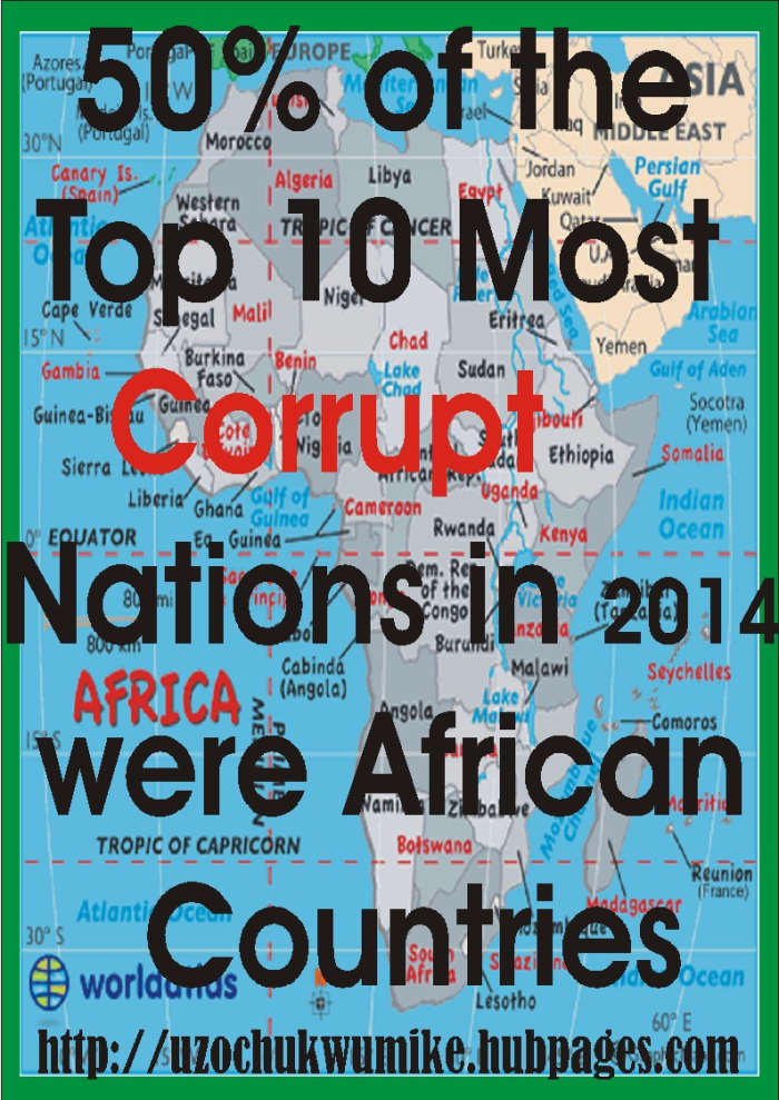 Five African countries made it in the top ten most corrupt nations in the world in the year 2014. The background of the picture is designed using map of Africa. The red color used to design the word "corruption" is a sign that corruption is bad.