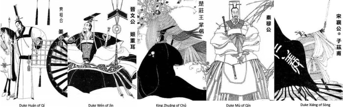 The Five Hegemons of the Spring and Autumn Period:Duke Huan of Qi (齐桓公),Duke Wen of Jin (晋文公),King Zhuang of Chu (楚莊王),Duke Mu of Qin (秦穆公),Duke Xiang of Song (宋襄公)