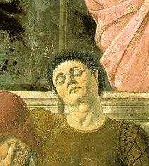 The second soldier starting from the left is traditionally considered a self-portrait of Piero della Francesca.