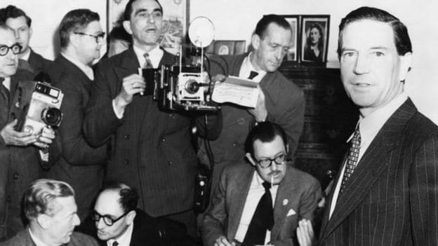 Philby's crowded press conference at his mother's Kensington flat - note BBC man Alan Whicker, seated right