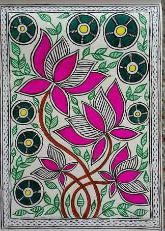 The Madhubani paintings have colourful flowers and leaves. It’s my pleasure that the artist of this particular Lotus painting, visited my article. Her name is SHILPI SHRIVASTAVA, and you can read her comments below.