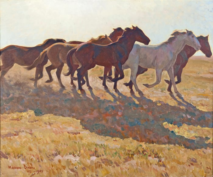 This Maynard Dixon painting is simply titled Remuda, which is a Spanish word, describing a herd of horses that has been broken. Normally, ranch hands would choose their mount for the day from this herd.