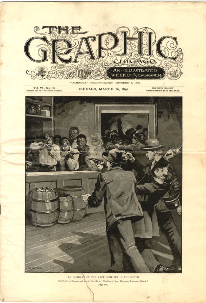 Cover of The Graphic Chicago, with an illustration of the lynch mob attack on the People's Grocery in Memphis, TN.