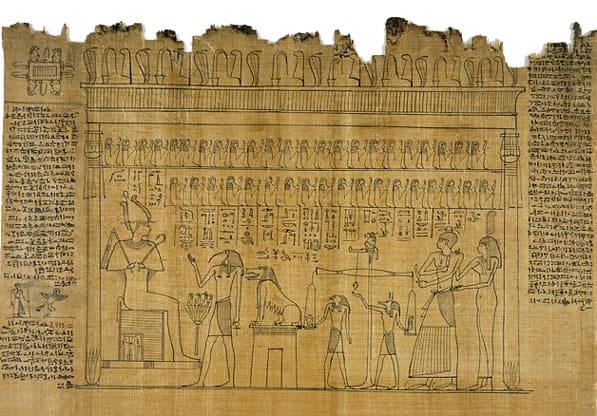 Found on the original papyrus, of the Book of the Dead is the Weighing of the Heart scene representing the individual judgement of the deceased