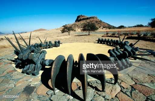 South Africa, Natal Province, Isandlwana. Memorial to the Zulu fallen, Isandlwana, Natal Province on the Battlefields Route, site of British defeat 22 January 1879.