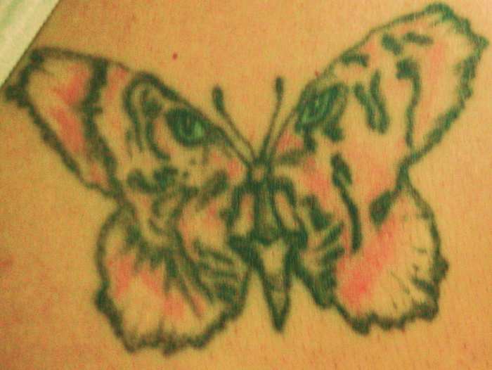 This is my tiger tattoo, shaped as a butterfly. The colors have faded a little, but I still love it!