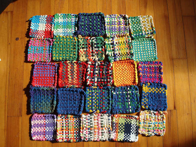 Weaving on potholder looms produce woven squares which can be used as coasters or potholders, or joined together to make scarves, dishcloths, blankets etc.