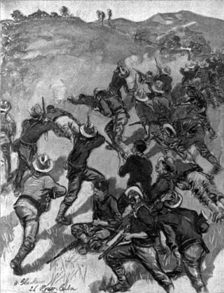 An llustration in McClure's Magazine, 1898 Oct., p. 507."The Fight for Santiago. The "Rough Riders" charging up the San Juan Hill, July 1st, and driving the Spanish from their intrenchments" Example of "yellow Journalism"