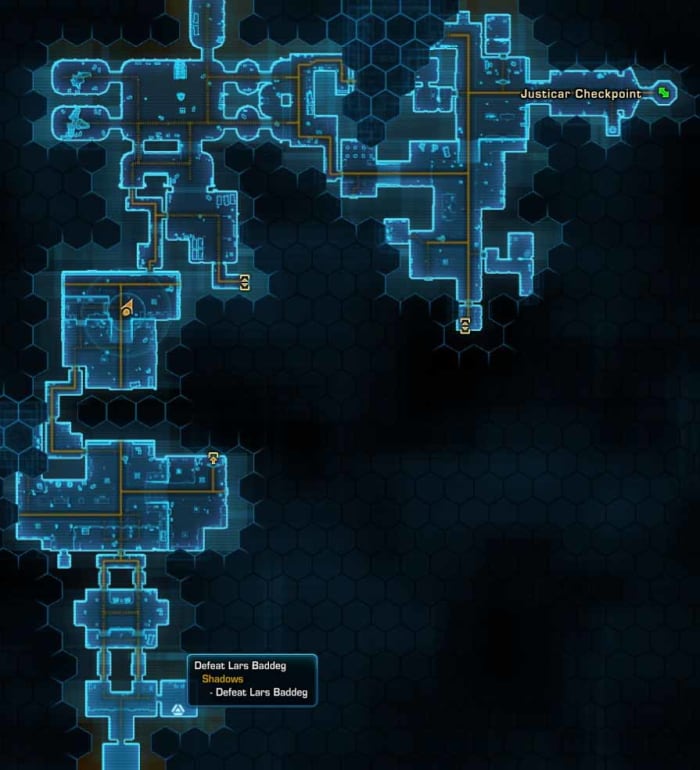 SWTOR Find Lars Baddeg - head west from Justicar Checkpoint and then south following the map until the jedi consular finds Lars Baddeg